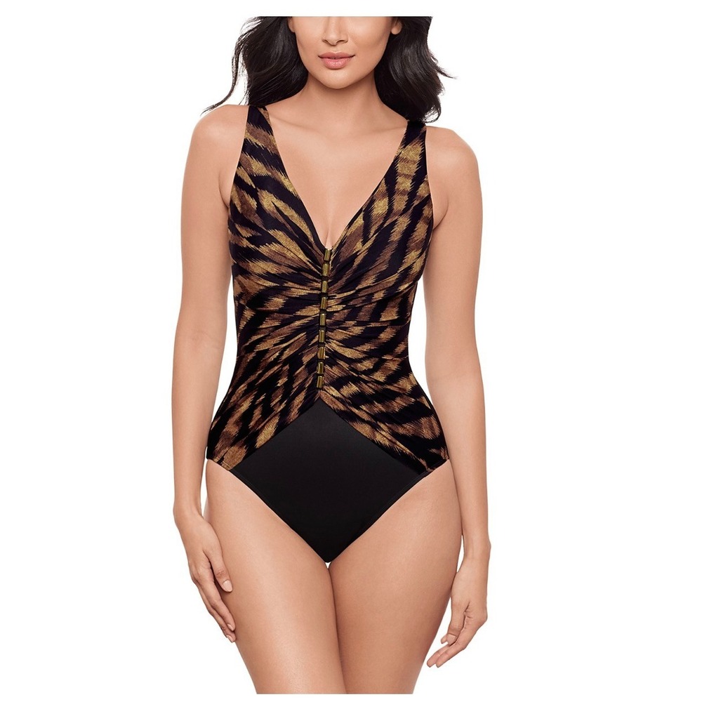 Miraclesuit Raya De Safari Charmer One Piece Swimsuit Black Brown Size 6 S M NEW